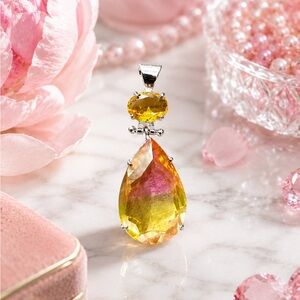 Artisan Pink and Yellow Teardrop Crystal Citrine Pendant Handcrafted Statement